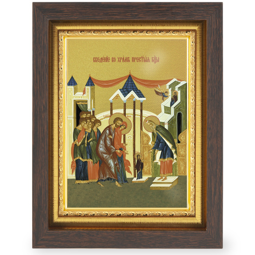 Икона Введения во храм Пресвятой Богородицы, в узком багете, цвет "темный дуб", на холсте, с золочением фото 2