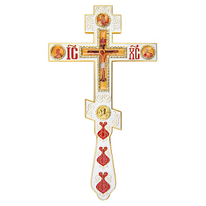 Крест напрестольный, цинковый сплав, белая эмаль, камни, 14,5х26 см (гравировка)