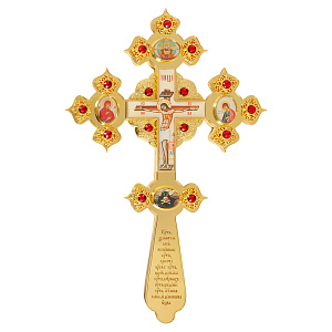 Крест напрестольный / требный, цинковый сплав, цвет "под золото", красные камни, 21х31 см (металл)