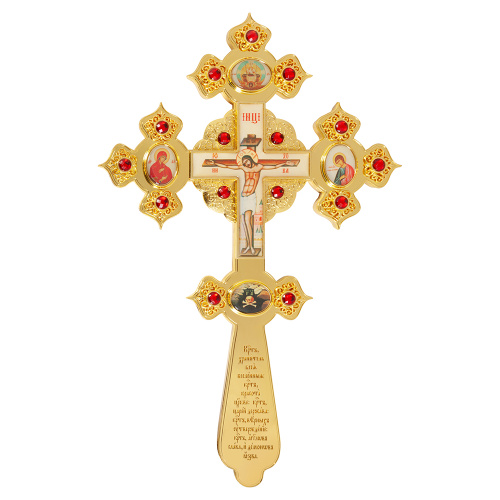 Крест напрестольный / требный, цинковый сплав, цвет "под золото", красные камни, 21х31 см