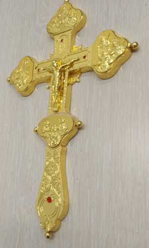 Крест напрестольный латунный, гравировка, камни, цвет "под золото", У-0034 фото 2
