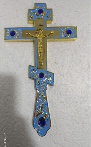 Крест напрестольный, голубая эмаль, синие камни, 14,5х26 см, У-0930 фото 7