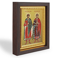 Икона благоверных князей-страстотерпцев Бориса и Глеба, в узком багете, цвет "темный дуб", на холсте, с золочением