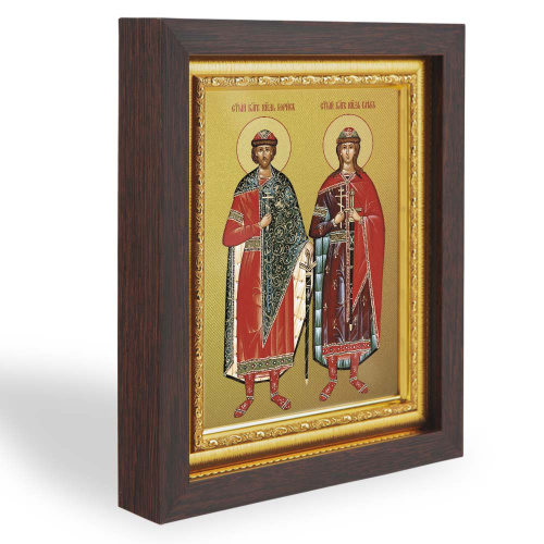 Икона благоверных князей-страстотерпцев Бориса и Глеба, в узком багете, цвет "темный дуб", на холсте, с золочением
