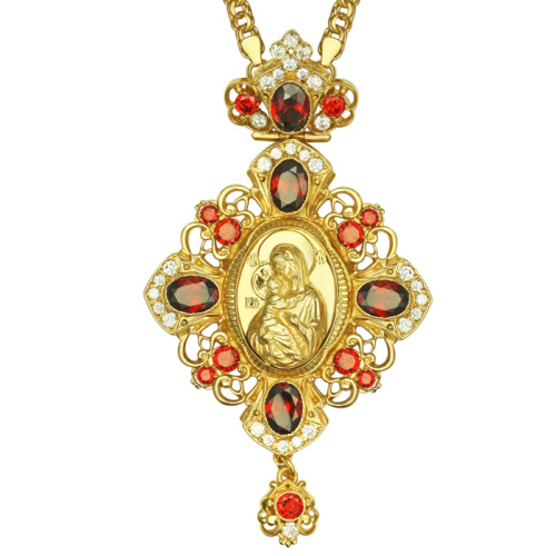 Панагия из ювелирного сплава в позолоте с цепью, с малахитами и фианитами, высота 14 см фото 2