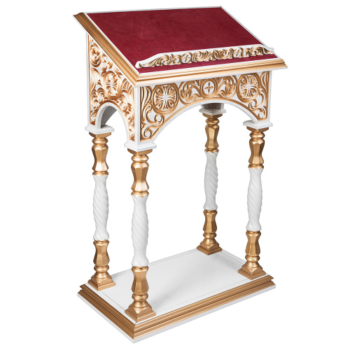 Аналой центральный "Тверской" белый с золотом (патина), красная ткань, 70х50х136 см, У-1019