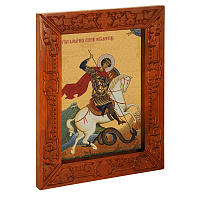 Икона великомученика Георгия Победоносца, в узкой резной раме, цвет "кипарис", холст с золочением, ширина рамы 7 см