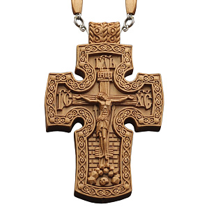 Крест наперсный "Наградной" деревянный светлый резной, с цепью, высота 10 см (защитный лак)