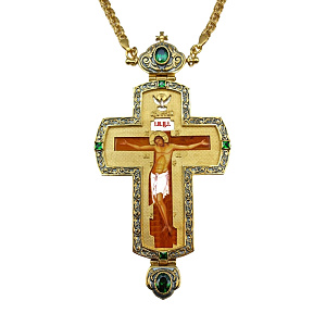 Крест наперсный латунный в позолоте с цепью, фианиты, 8х15,5 см (красные фианиты)