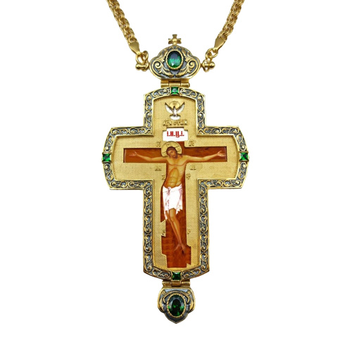 Крест наперсный латунный в позолоте с цепью, фианиты, 8х15,5 см