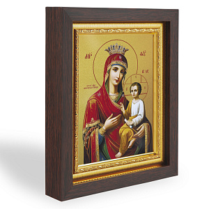 Икона Божией Матери "Скоропослушница", в узком багете, цвет "темный дуб", на холсте, с золочением №2 (17,4х21,7 см (под икону А6))