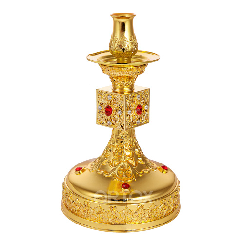 Подсвечник напрестольный, латунь, фианиты, 13х22 см, У 3-3004