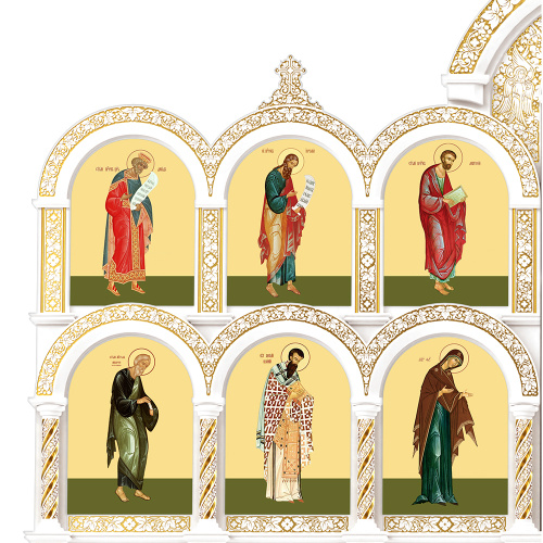 Иконостас деревянный резной "Владимирский" четырехъярусный белый с золотом (патина), 690х730х45 см фото 8 Иконостас деревянный резной "Владимирский" четырехъярусный белый с золотом (патина), 690х730х45 см фото 8