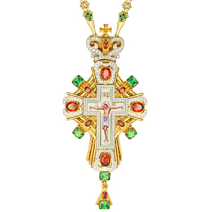 Крест наперсный серебряный, позолота, красные фианиты, высота 15 см (вес 229,95 г)
