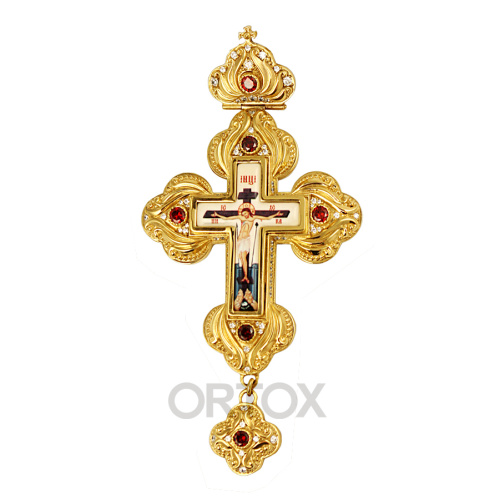 Крест наперсный из ювелирного слава в позолоте, фианиты, 8х16 см фото 2