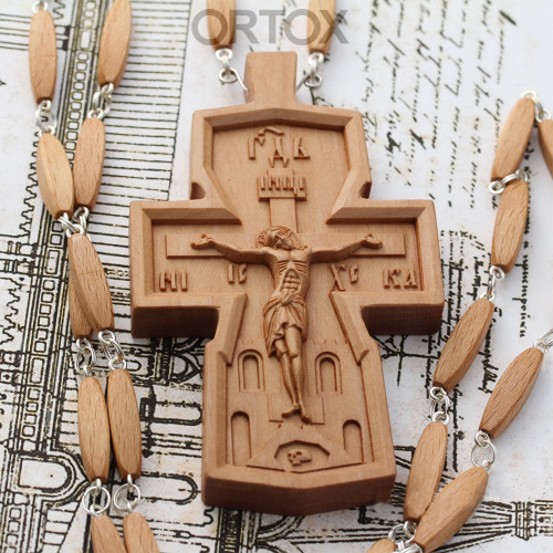 Крест наперсный деревянный резной, с цепью, 6,6х11 см фото 4