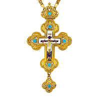 Крест наперсный из ювелирного слава в позолоте, фианиты, 8х16 см