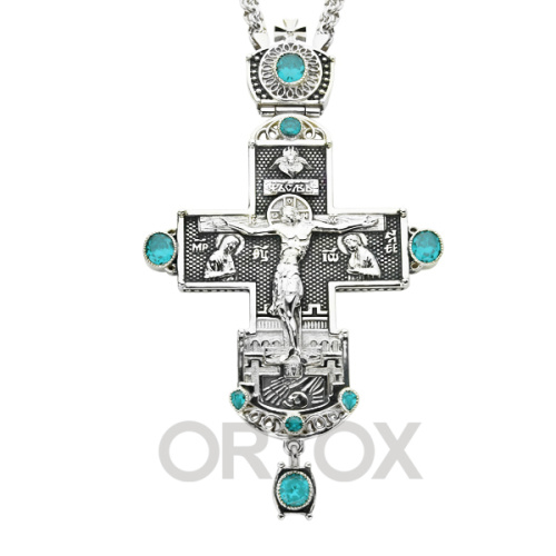 Крест наперсный серебряный, с цепью, фианиты, высота 15 см фото 2