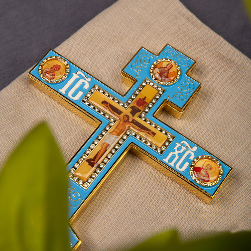 Крест напрестольный, цинковый сплав, голубая эмаль, камни, 14,5х26 см фото 3