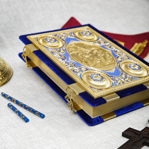 Евангелие напрестольное синее, оклад "под золото", бархат, эмаль, 24х31 см фото 6