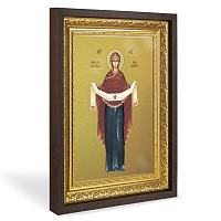 Икона Божией Матери "Покров Пресвятой Богородицы", в широком багете, цвет "темный дуб", на холсте, с золочением №2