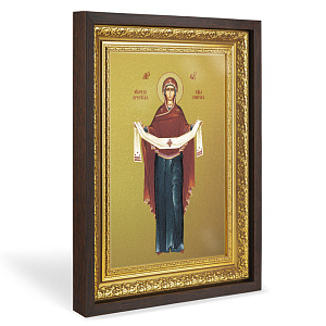 Икона Божией Матери "Покров Пресвятой Богородицы", в широком багете, цвет "темный дуб", на холсте, с золочением №2 (33,5х42,2 см (под икону А4))