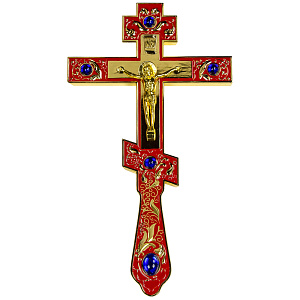 Крест напрестольный, красная эмаль, синие камни, 14,5х26 см (с полировкой)