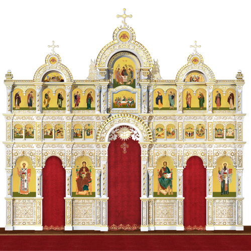 Иконостас "Романовский" трехъярусный белый с золотом (патина), 704х655х47 см фото 4