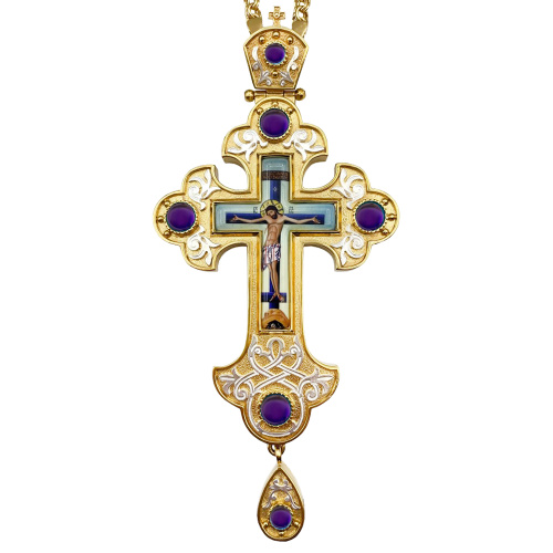 Крест наперсный латунный в позолоте и серебрении с цепью, фианиты, 7,5х16 см фото 4