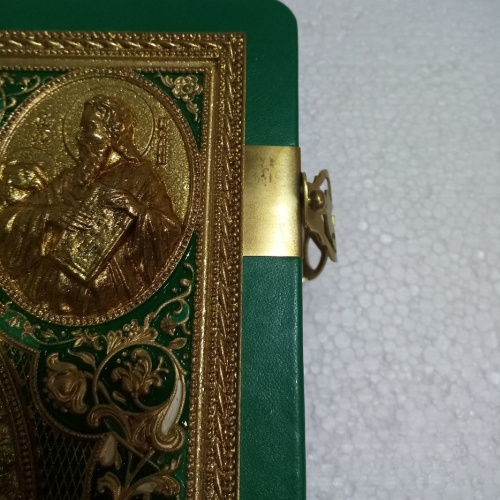 Евангелие напрестольное зеленое, оклад "под золото", кожа, эмаль, 24х31 см, У-0685 фото 5