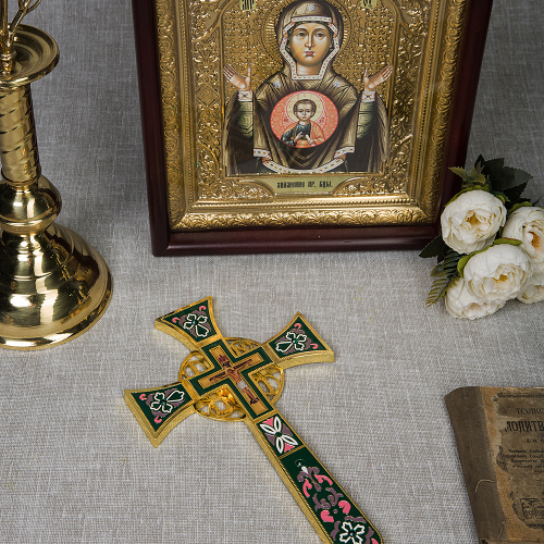 Крест требный четырехконечный, цинковый сплав, зеленая эмаль, камни, 17х29 см фото 3