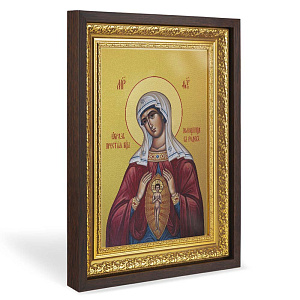 Икона Божией Матери "Помощница в родах", в широком багете, цвет "темный дуб"", на холсте, с золочением (33,5х42,2 см (под икону А4))