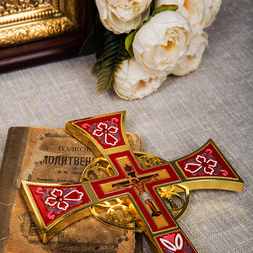 Крест требный четырехконечный, цинковый сплав, красная эмаль, камни, 17х29 см фото 4