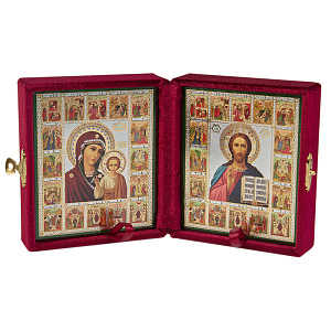 Складень с ликами Спасителя и Божией Матери "Казанская", с праздниками, 10х12 см, бархат (бордовый)