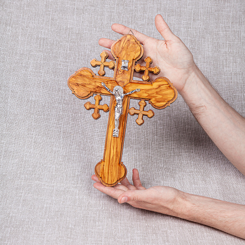 Крест настенный деревянный с распятием из цинкового сплава, 19,5х27 см фото 3