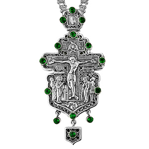 Крест наперсный серебряный, чернение, зеленые фианиты, с цепью, высота 15 см (вес 237 г)