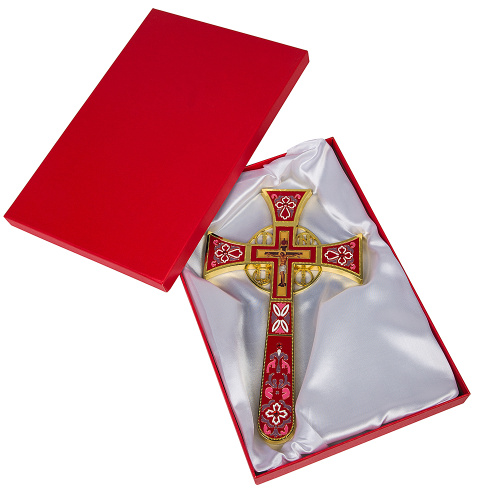 Крест требный четырехконечный, цинковый сплав, красная эмаль, камни, 17х29 см фото 10