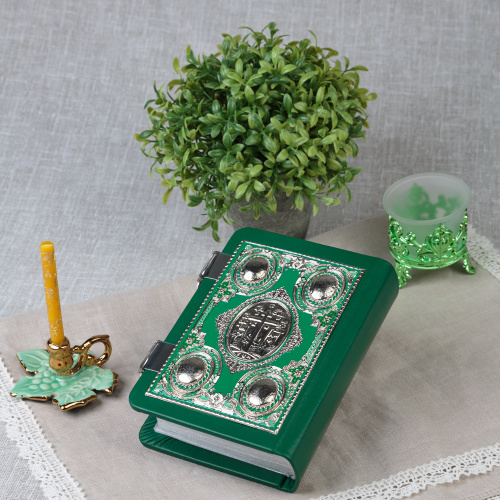 Евангелие требное малое зелёное, оклад "под серебро", кожа, эмаль, 12х16 см фото 5