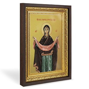 Икона Божией Матери "Покров Пресвятой Богородицы", в широком багете, цвет "темный дуб", на холсте, с золочением (33,5х42,2 см (под икону А4))