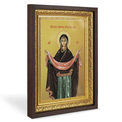Икона Божией Матери "Покров Пресвятой Богородицы", в широком багете, цвет "темный дуб", на холсте, с золочением