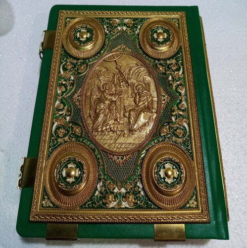 Евангелие напрестольное зеленое, оклад "под золото", кожа, эмаль, 24х31 см, У-0685 фото 3