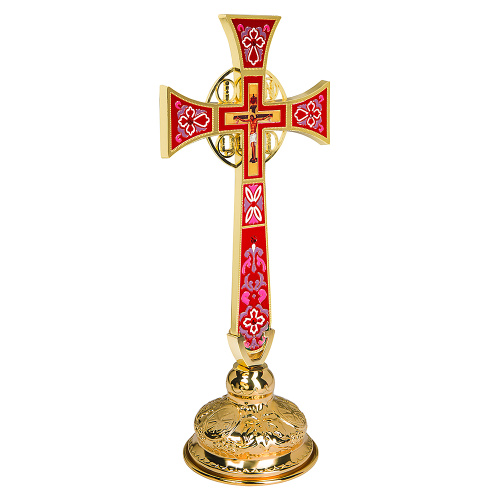 Крест требный четырехконечный, цинковый сплав, красная эмаль, камни, 17х29 см фото 7