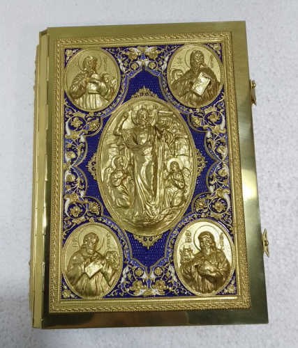 Евангелие напрестольное синее, полный оклад "под золото", 24х31 см, У-0909 фото 2