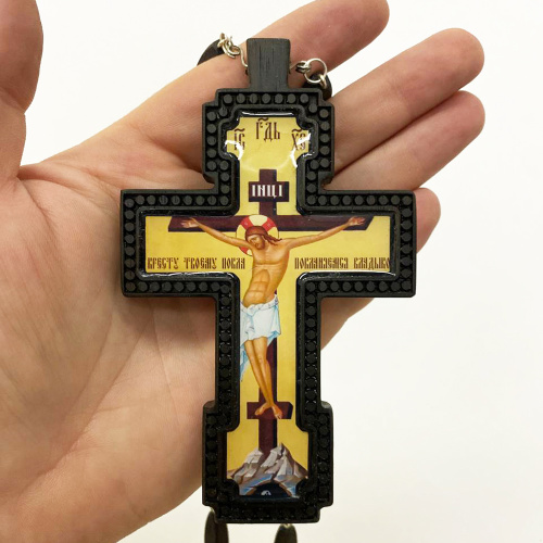 Крест наперсный деревянный резной, с цепью, 7х11,7 см фото 7