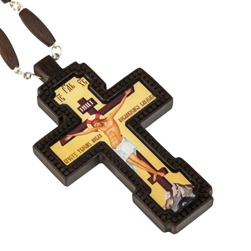 Крест наперсный деревянный резной, с цепью, 7х11,7 см фото 6