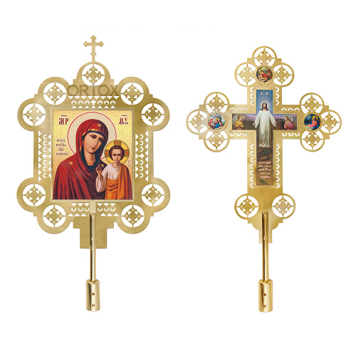 Запрестольные крест и икона с ликами Спасителя и Божией Матери "Казанская", комплект, латунь