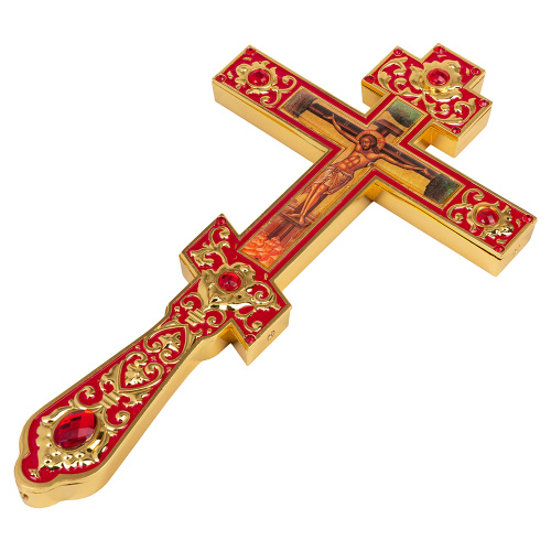 Крест напрестольный, цинковый сплав, красная эмаль, красные камни, 14,5х26 см фото 6