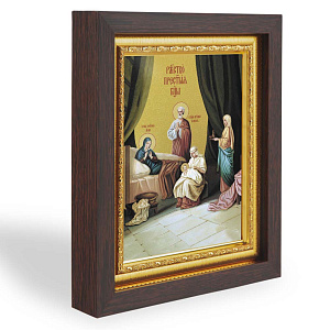 Икона Рождества Пресвятой Богородицы, в узком багете, цвет "темный дуб", на холсте, с золочением №3 (17,4х21,7 см (под икону А6))