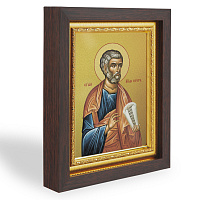Икона апостола Петра, в узком багете, цвет "темный дуб", на холсте, с золочением