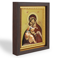 Икона Божией Матери "Владимирская", в узком багете, цвет "темный дуб", на холсте, с золочением